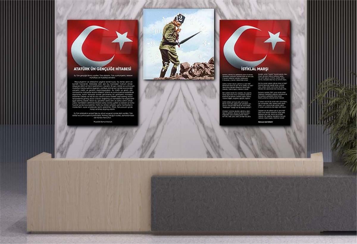 Atatürk and Independence March Glass Wall Art Set with Clock