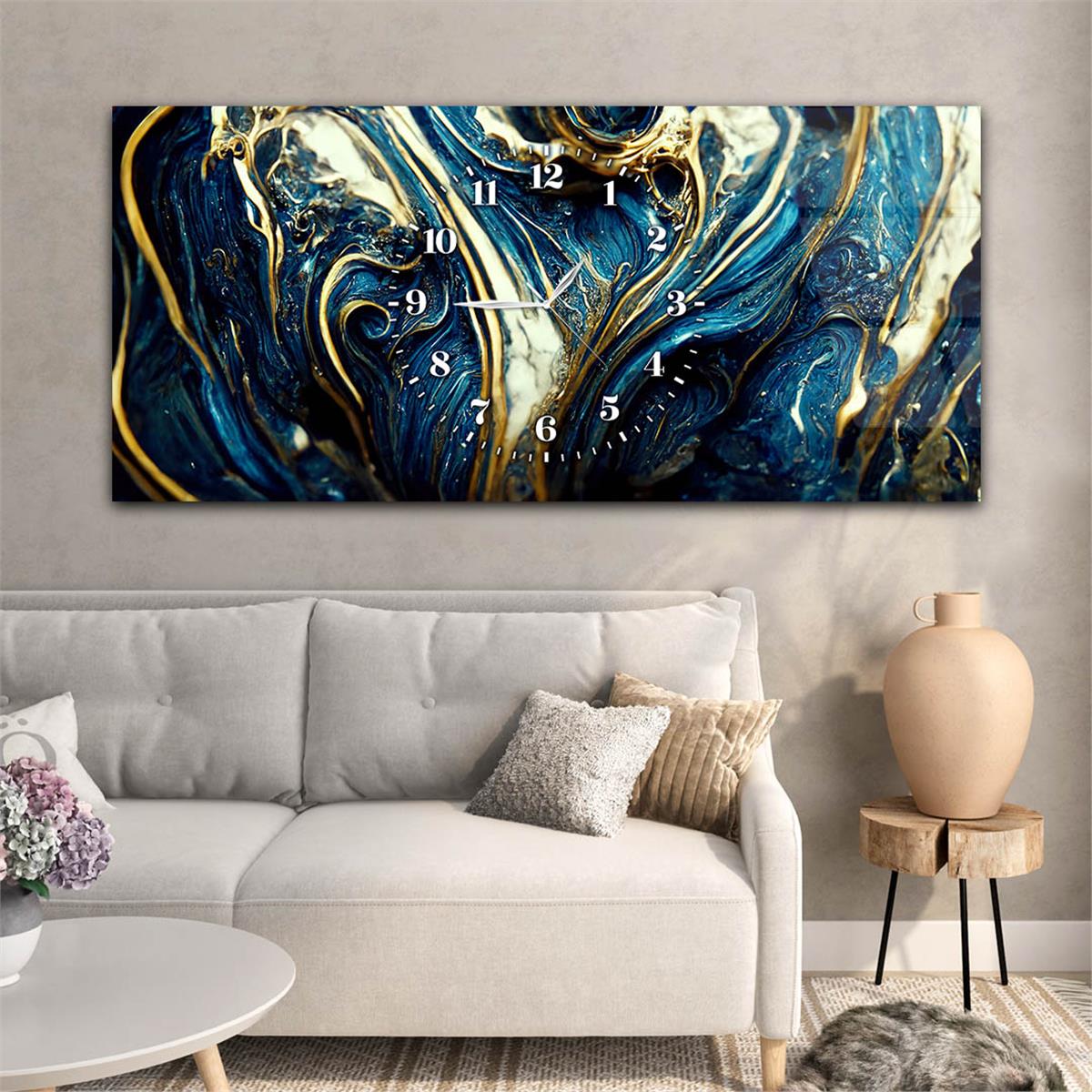 Mavi ve Gold Soyut Görselli Sanatsal Saatli Cam Tablo
