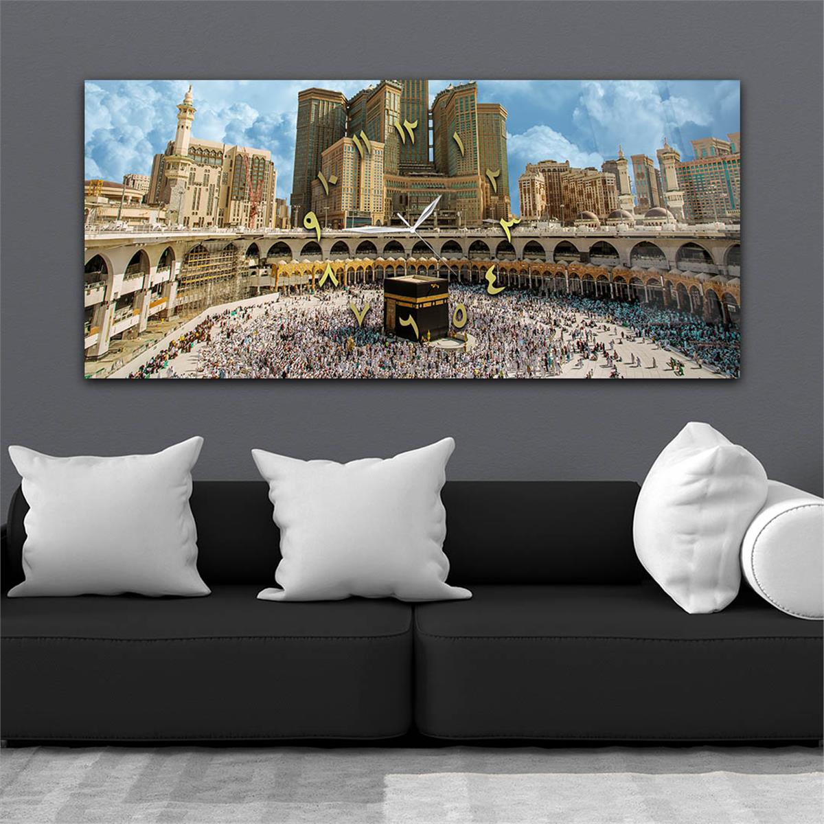 Yatay Ortadan Saatli  Dini Temalı Cam Tablo 007