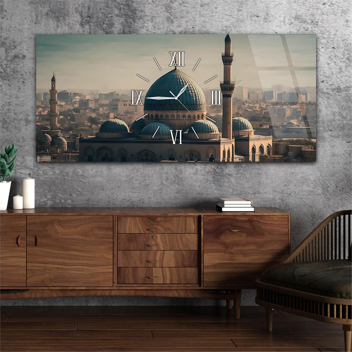 Yatay Ortadan Saatli  Dini Temalı Cam Tablo 112