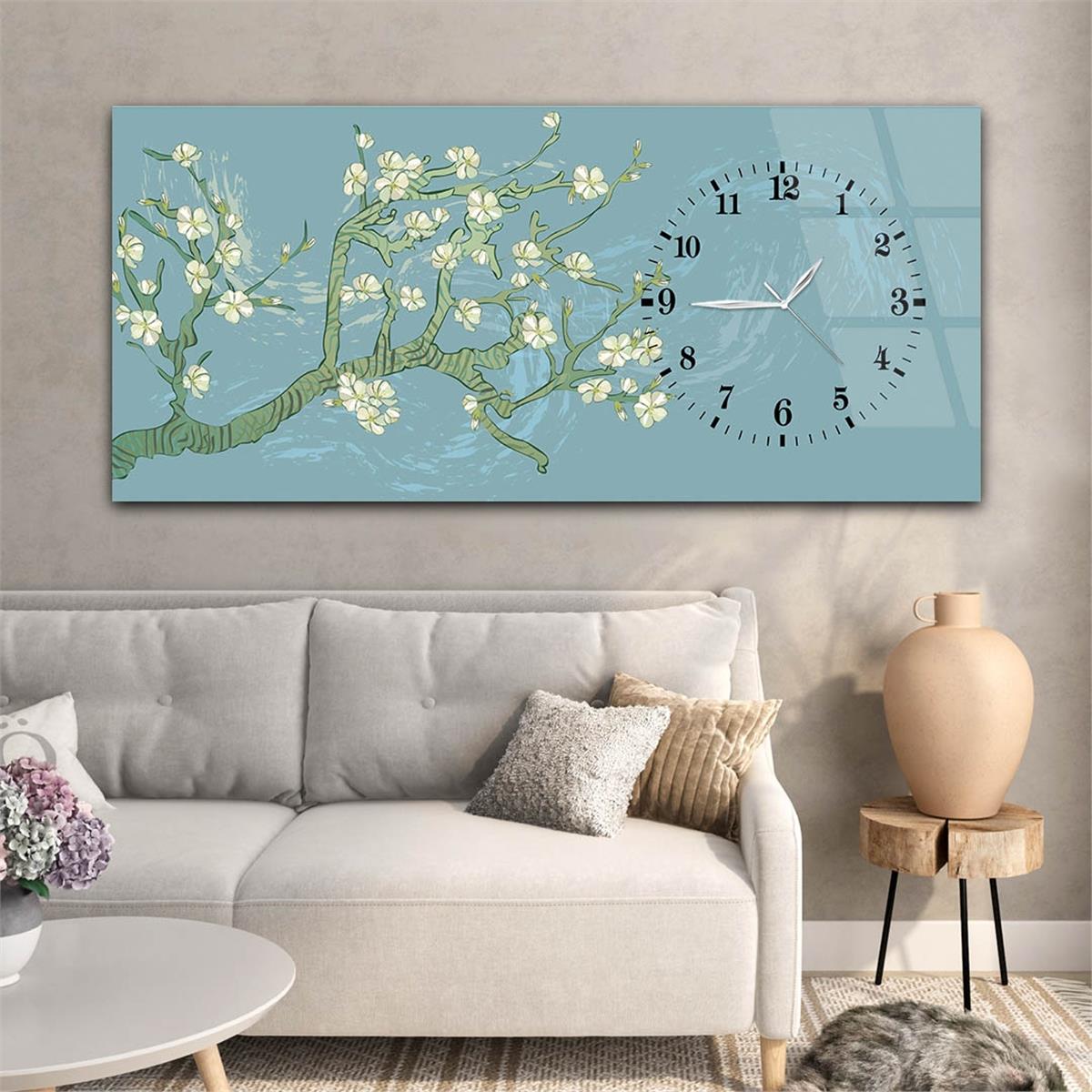 Yatay Saatli Yandan Sanat ve Doğa Temalı Cam Tablo 070