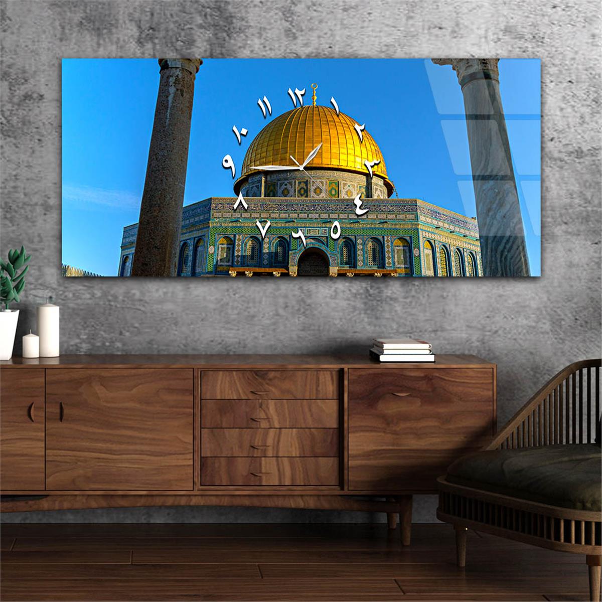 Yatay Ortadan Saatli  Dini Temalı Cam Tablo 005