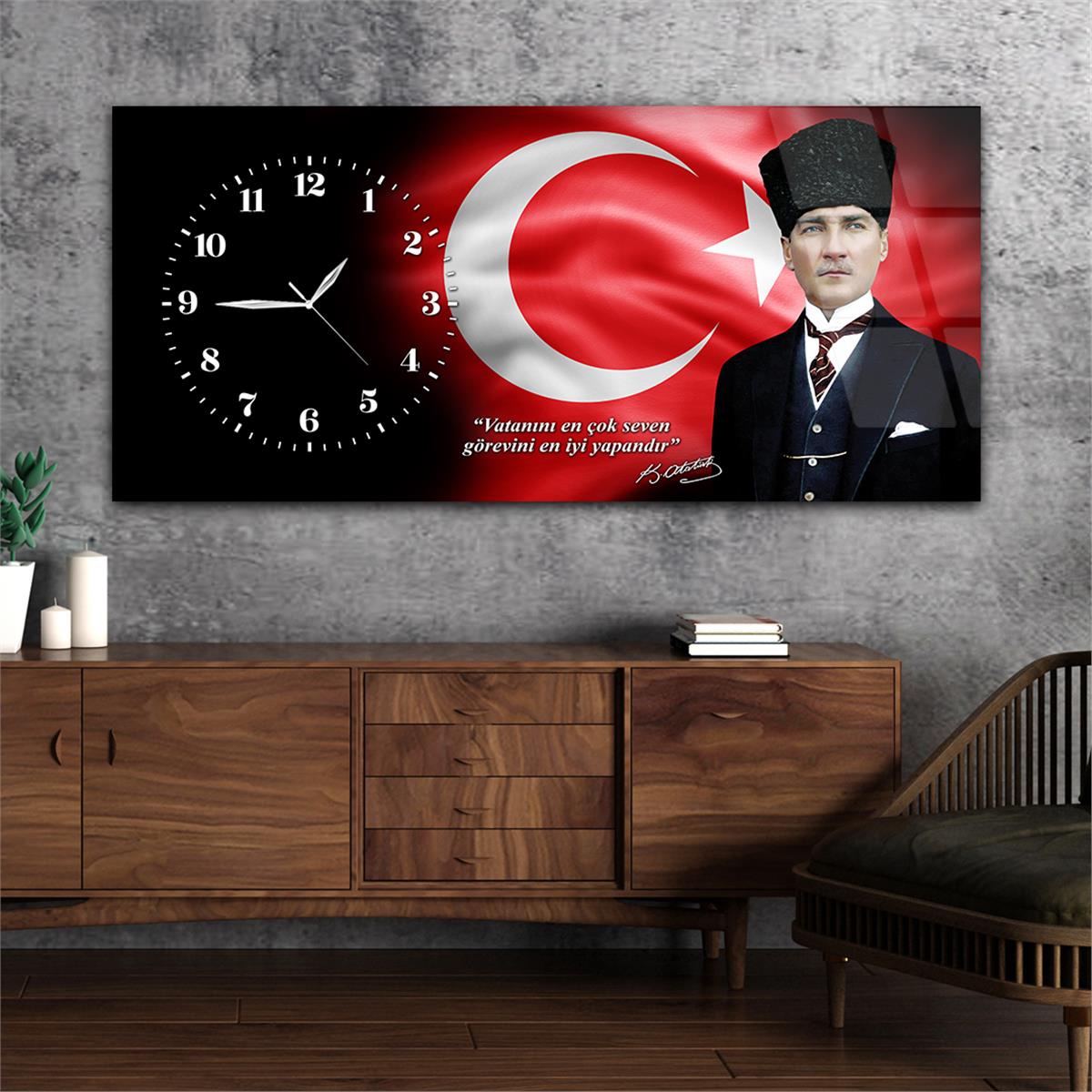 Yatay Saatli Yandan Vatan Temalı Cam Tablo 030