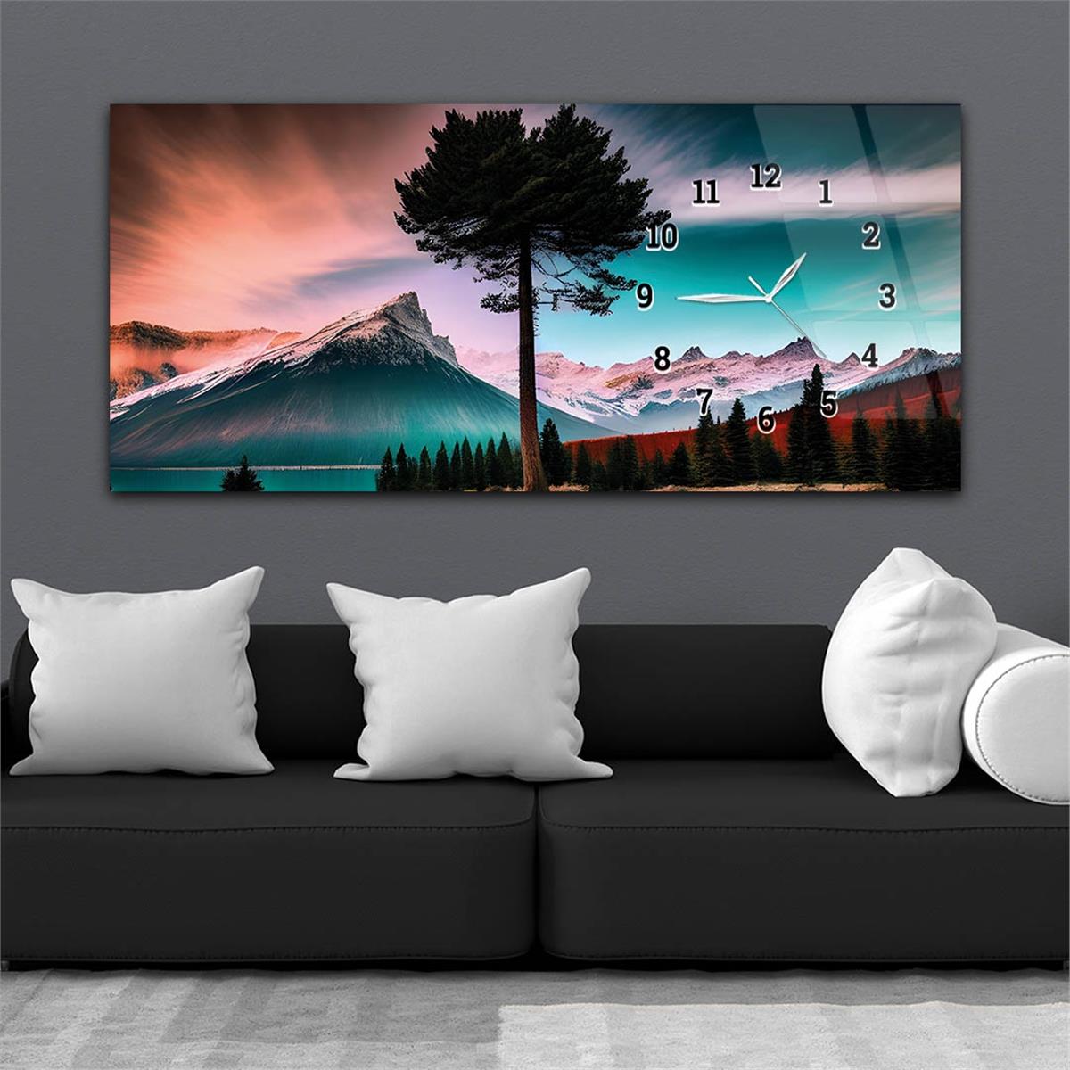 Yatay Saatli Yandan Sanat ve Doğa Temalı Cam Tablo 175