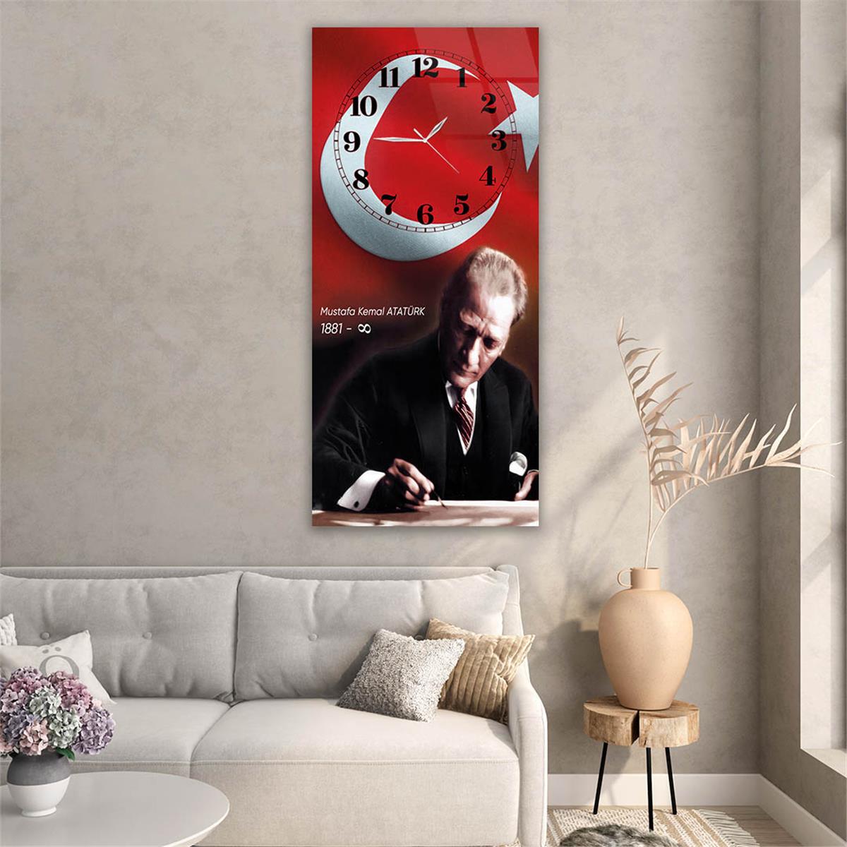 Dikey Üstten Saatli Vatan Temalı Cam Tablo 029