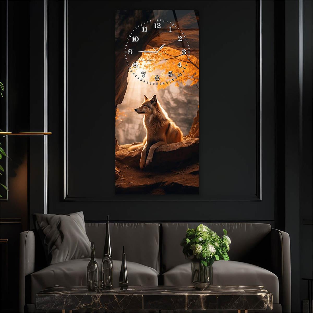 Dikey Üstten Saatli Sanat Temalı Cam Tablo 104