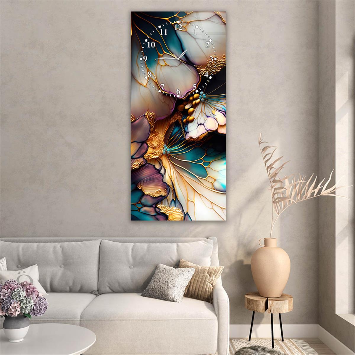 Dikey Üstten Saatli Sanat Temalı Cam Tablo 029