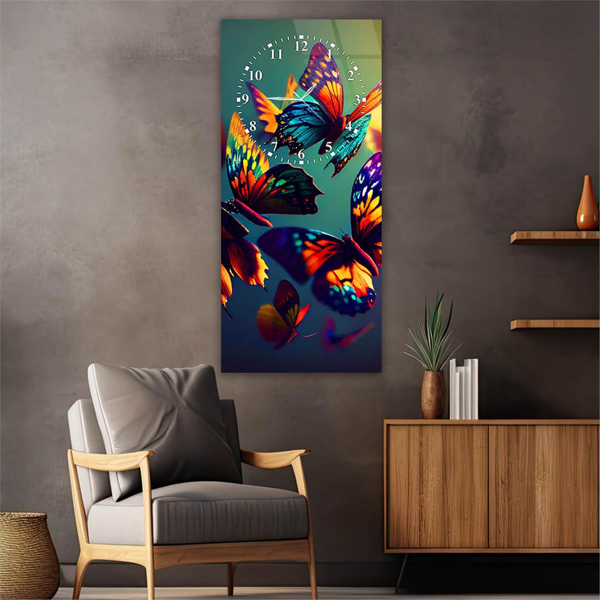 Dikey Üstten Saatli Sanat Temalı Cam Tablo 030