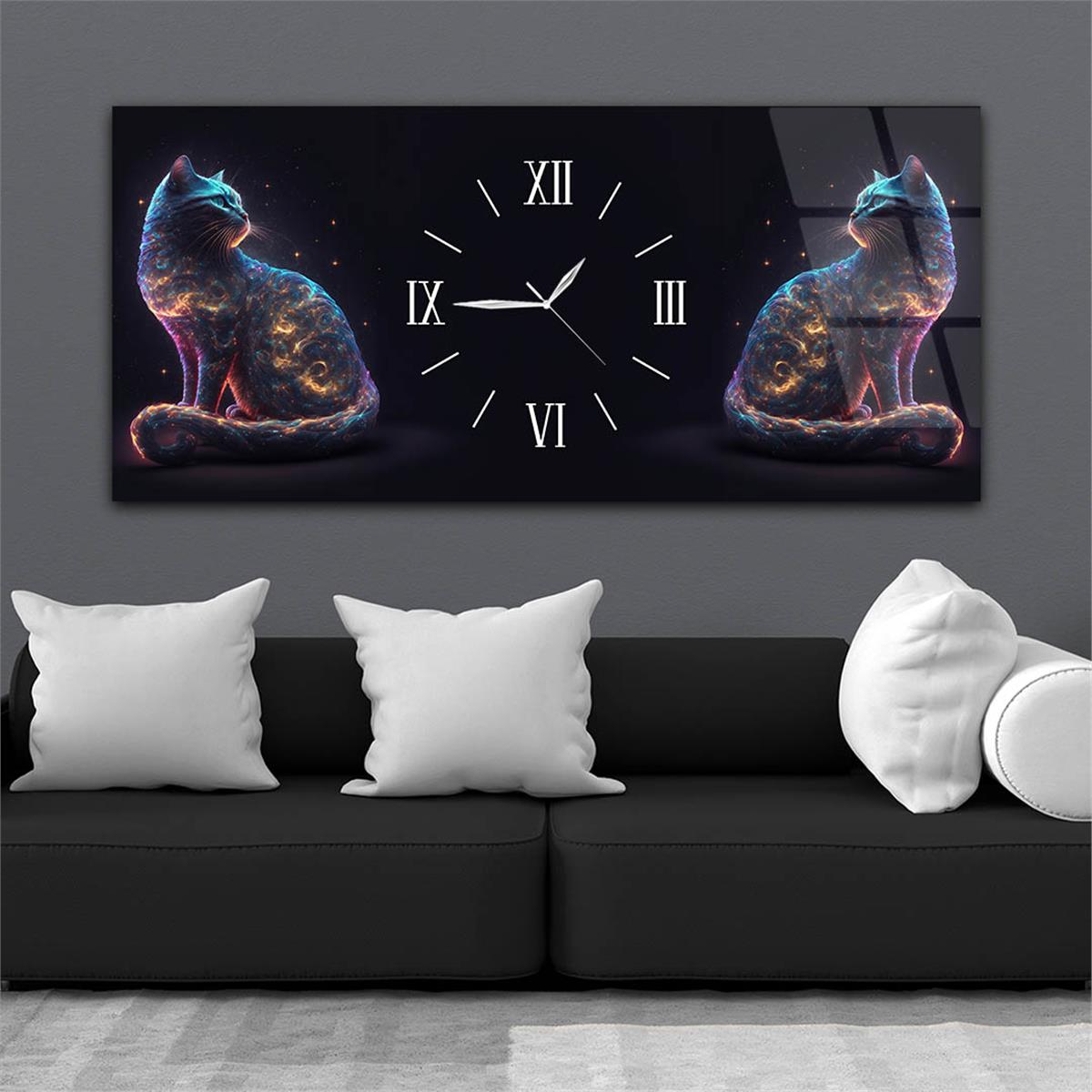 Yatay Ortadan Saatli  Sanat ve Doğa Temalı Cam Tablo 076