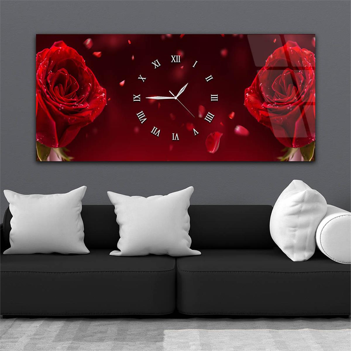 Yatay Ortadan Saatli  Sanat ve Doğa Temalı Cam Tablo 034