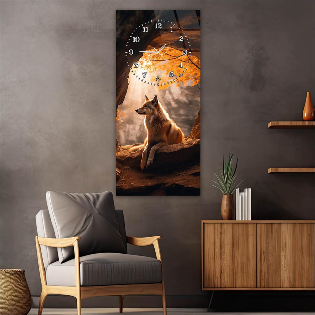 Dikey Üstten Saatli Sanat Temalı Cam Tablo 104