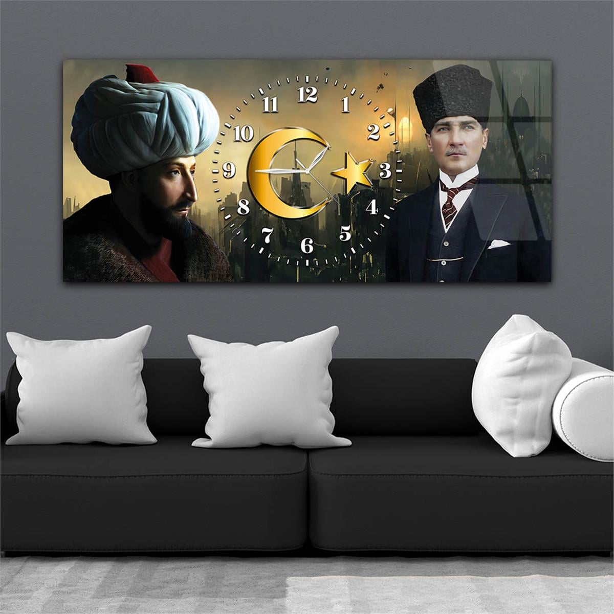 Yatay Saatli Ortadan Vatan Temalı Cam Tablo 157