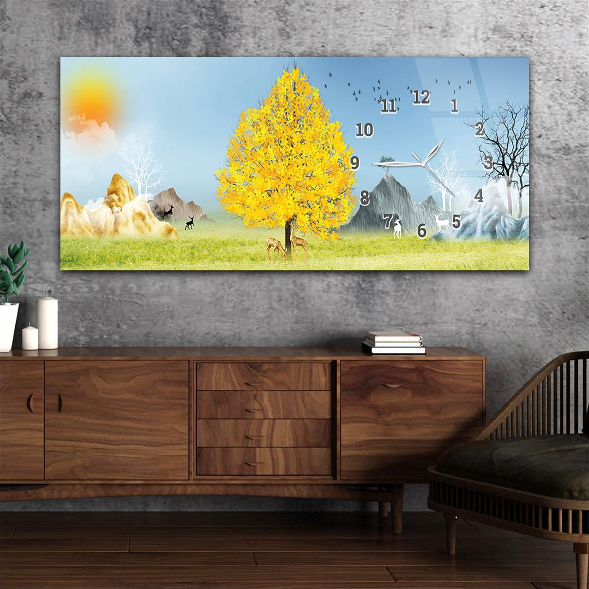 Horizontaal, Aan De Zijkant Voorzien Van Een Klok, Kunst en Natuur Thema Gehard Glasschilderij 159