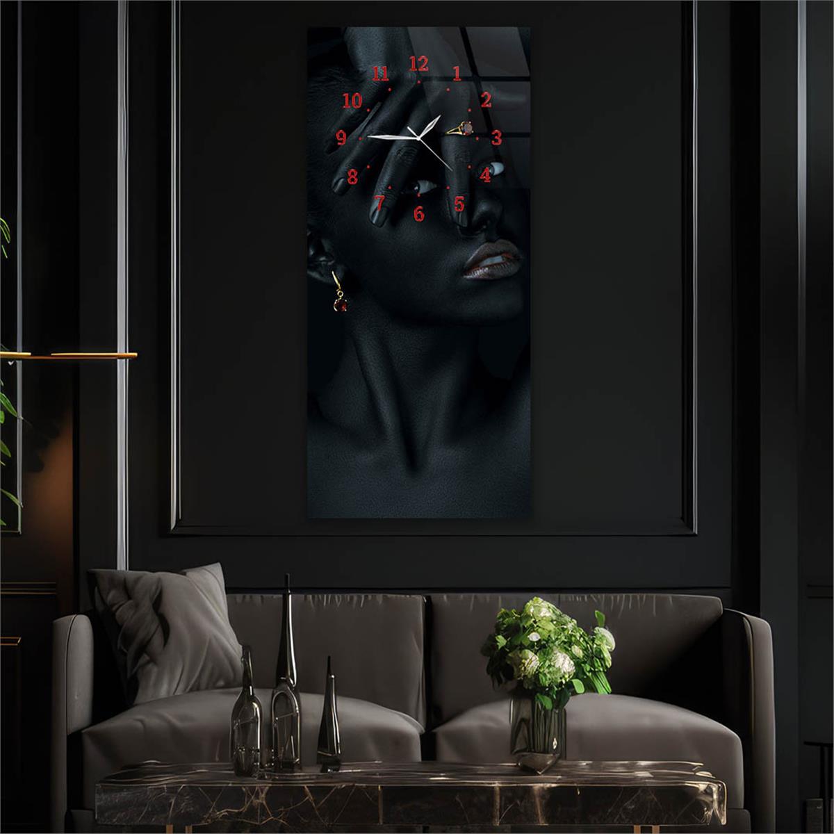 Dikey Üstten Saatli Sanat Temalı Cam Tablo 078