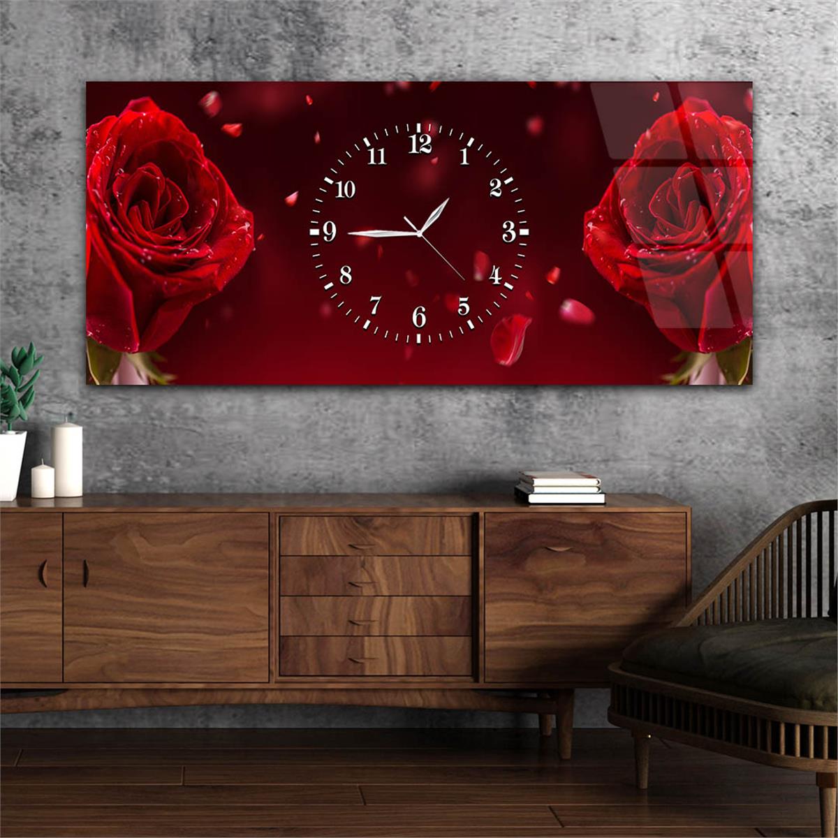 Yatay Ortadan Saatli  Sanat ve Doğa Temalı Cam Tablo 035