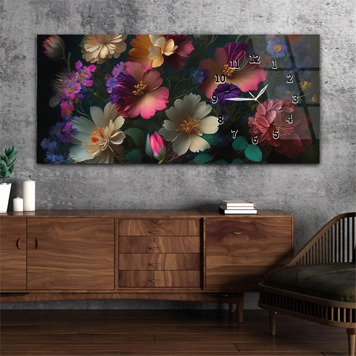 Mixed Floral Patterned Horizontaal, Aan De Zijkant Voorzien Van Een Klok, Kunst en Natuur Thema Gehard Glasschilderij 233