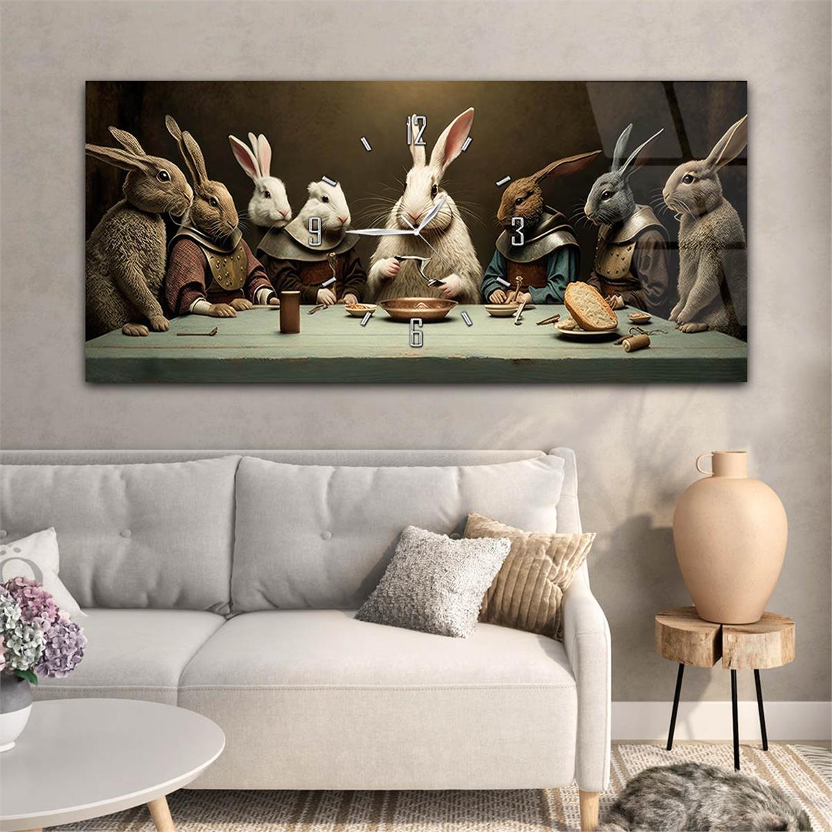 Birlikte Akşam Yemeği Yiyen Tavşan Ailesi Saatli Cam Tablo