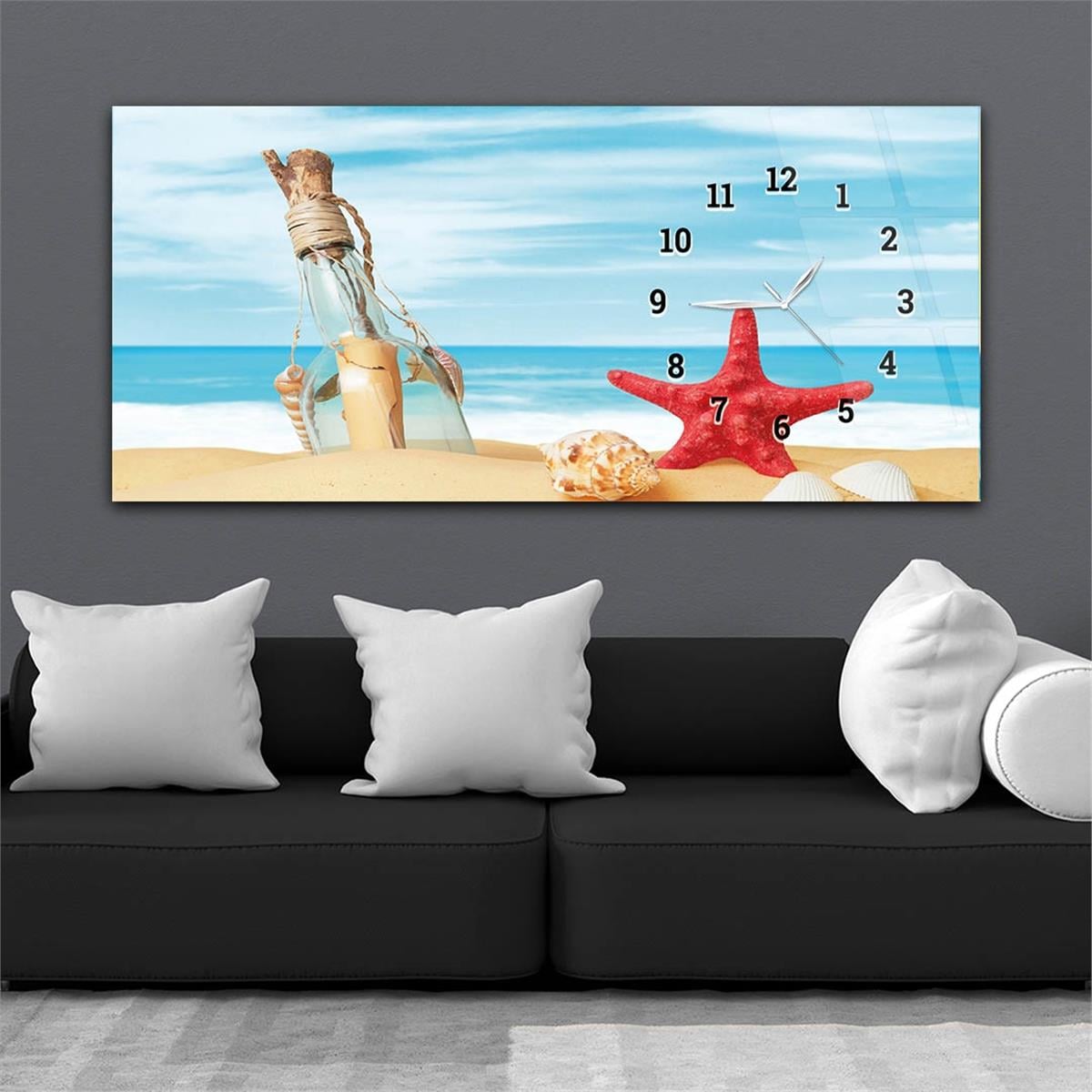 Beach Starfish Message in a Bottle and Seashell Horizontaal, Aan De Zijkant Voorzien Van Een Klok, Kunst en Natuur Thema Gehard Glasschilderij 236