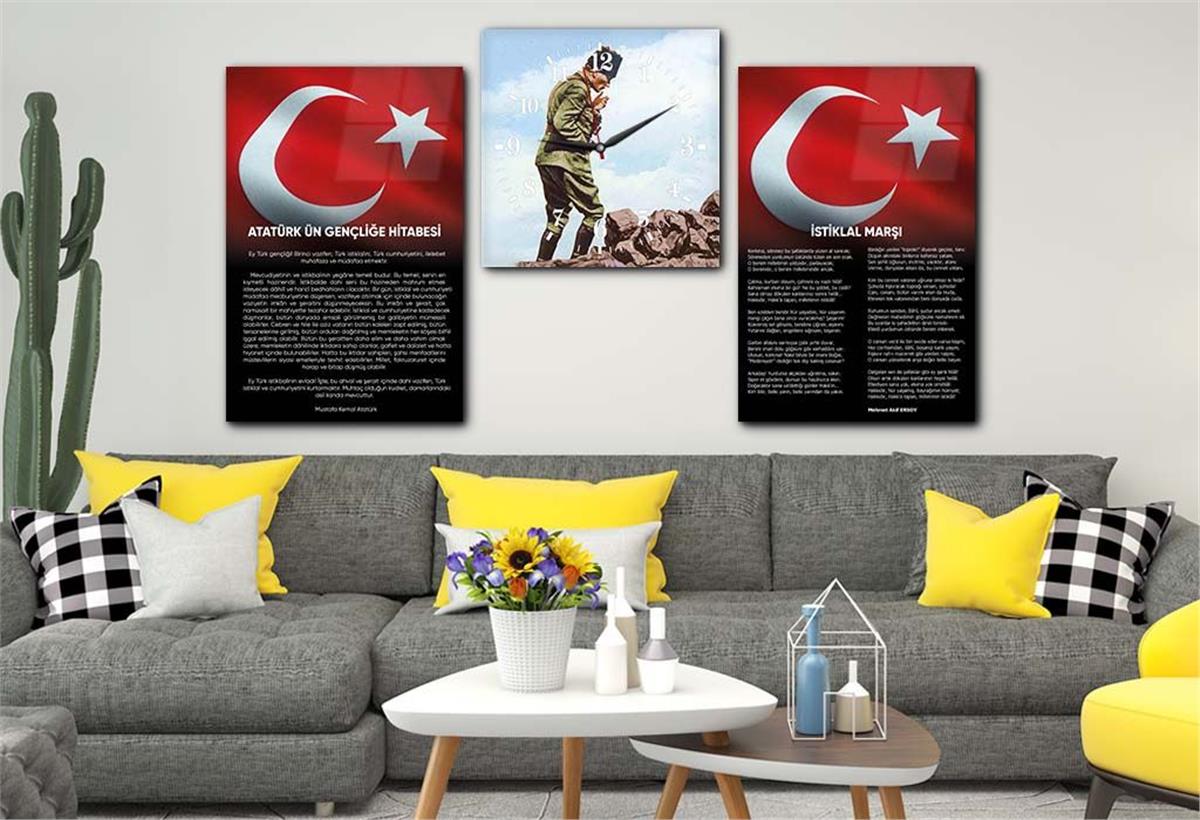 Atatürk and Independence March Glass Wall Art Set with Clock