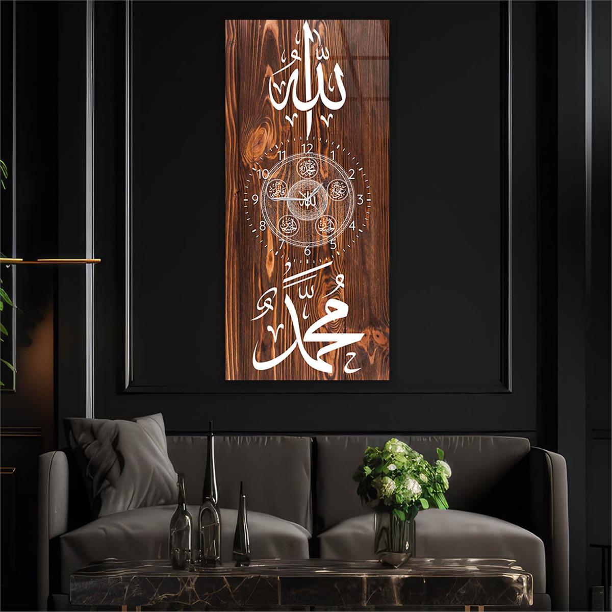 Vertical Religious Themed Glass Wall Art with Clock at the Center 019