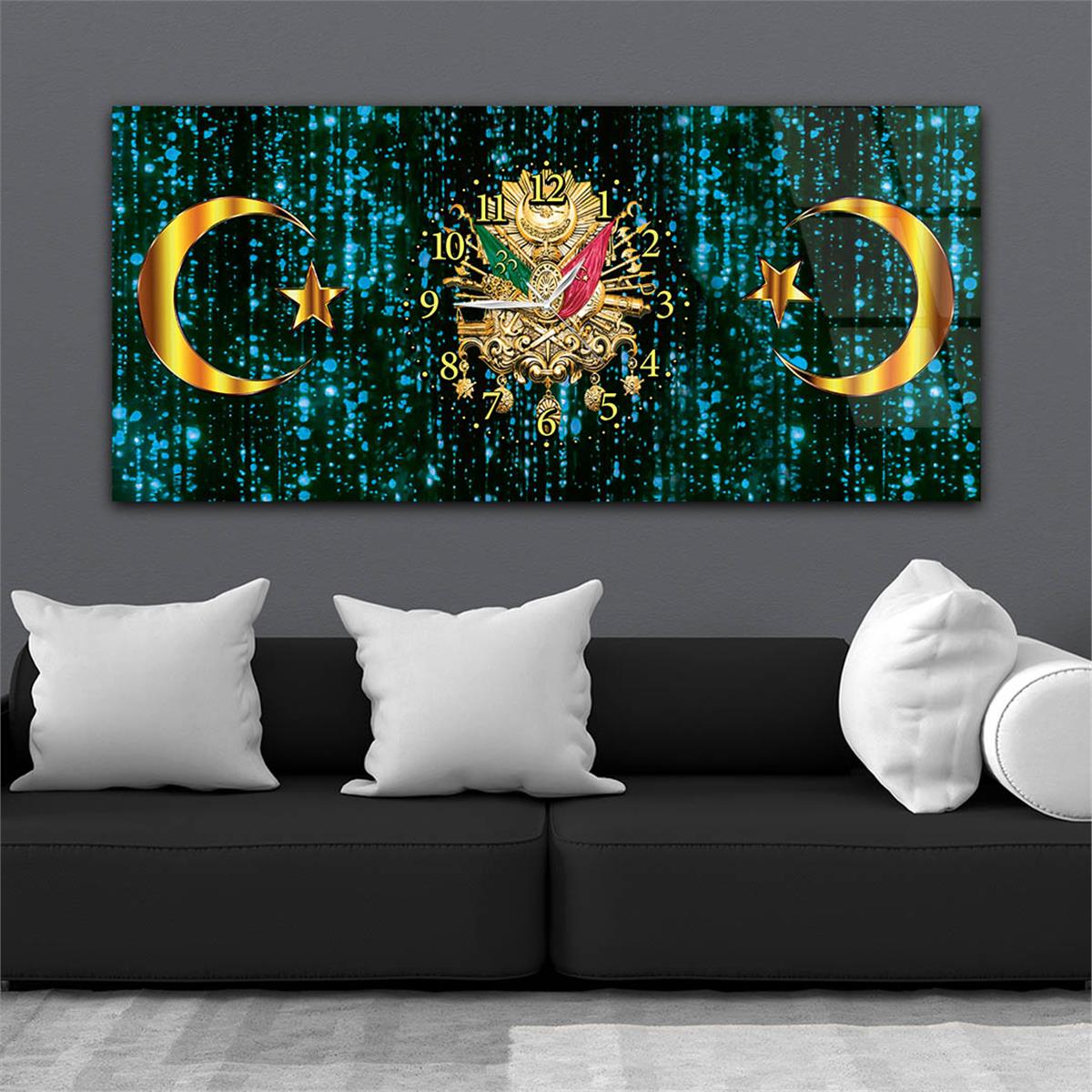 Mavi Zemin Üzerine Ayyıldız ve Osmanlı Tuğrası Saatli Cam Tablo 085