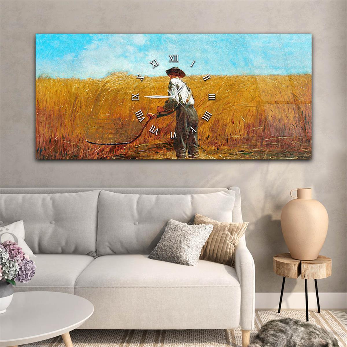 لوحة زجاجية أفقية ذات طابع فني و طبيعي مع ساعة في الوسط 003