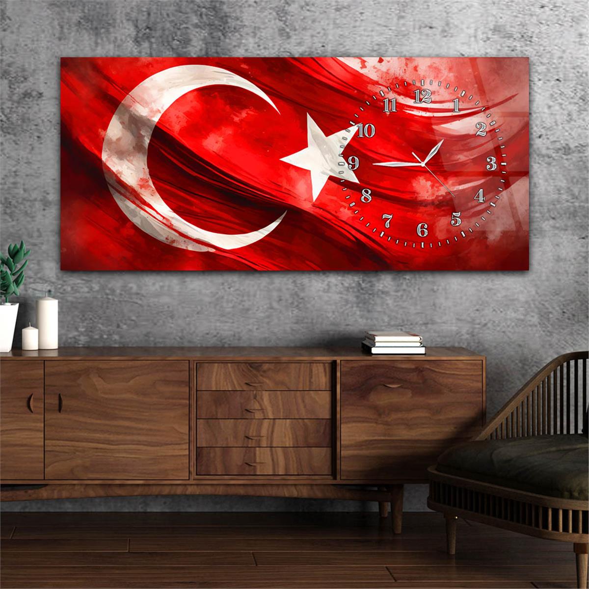 Yatay Saatli Yandan Vatan Temalı Cam Tablo 028