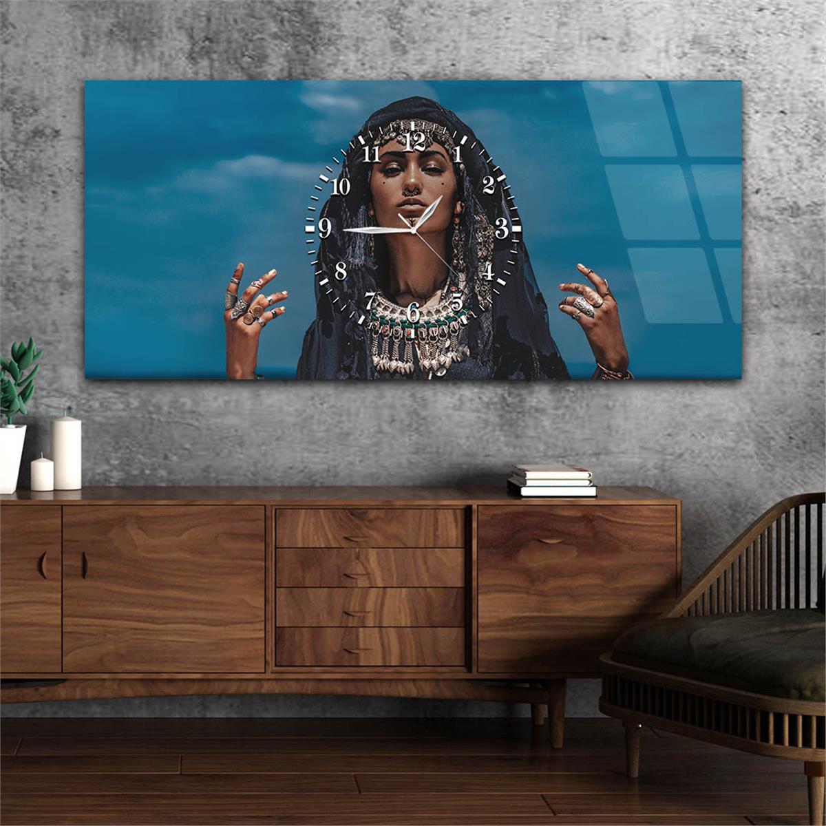Yatay Ortadan Saatli  Sanat ve Doğa Temalı Cam Tablo 041
