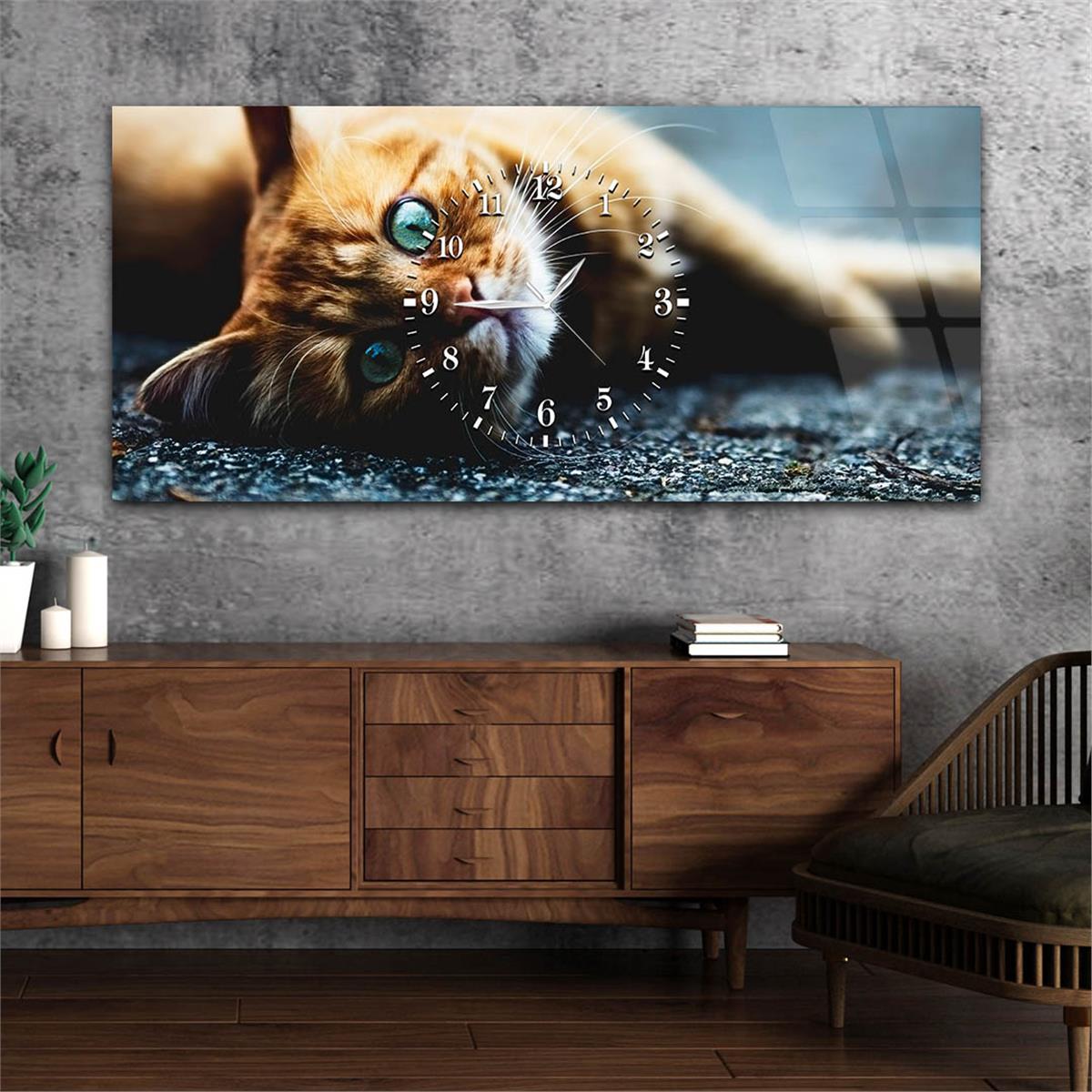 Yatay Ortadan Saatli  Sanat ve Doğa Temalı Cam Tablo 013