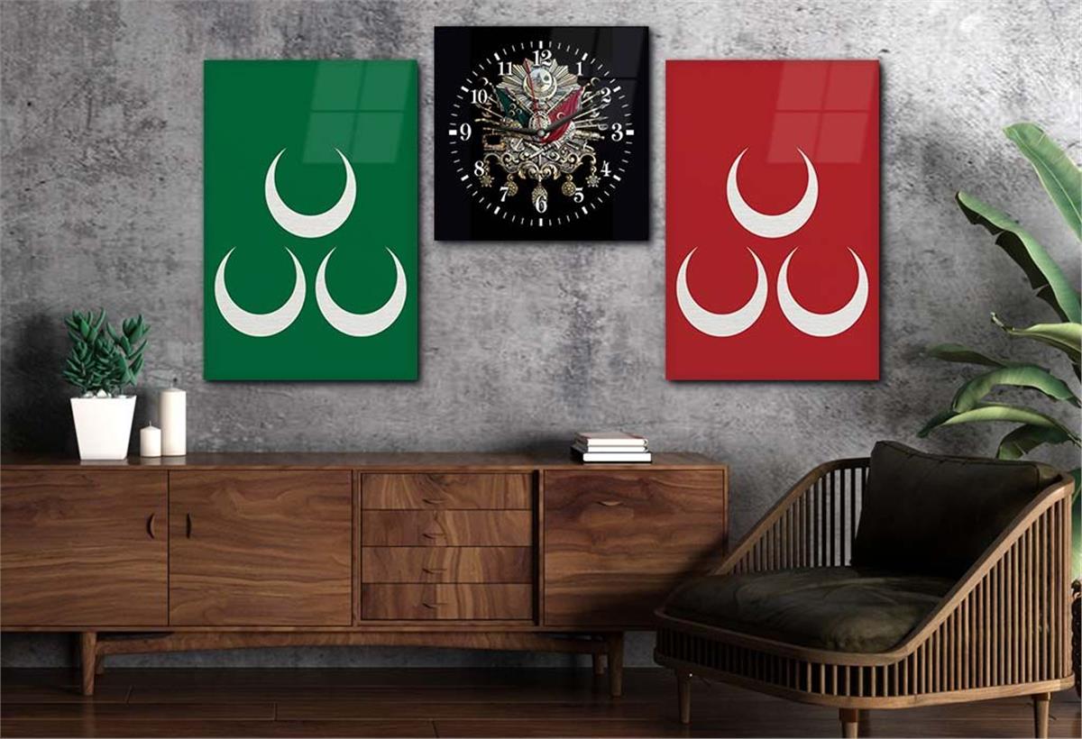 Ottoman State Coat of Arms and Three Crescent Tempered Glass Wall Art Set with Clock