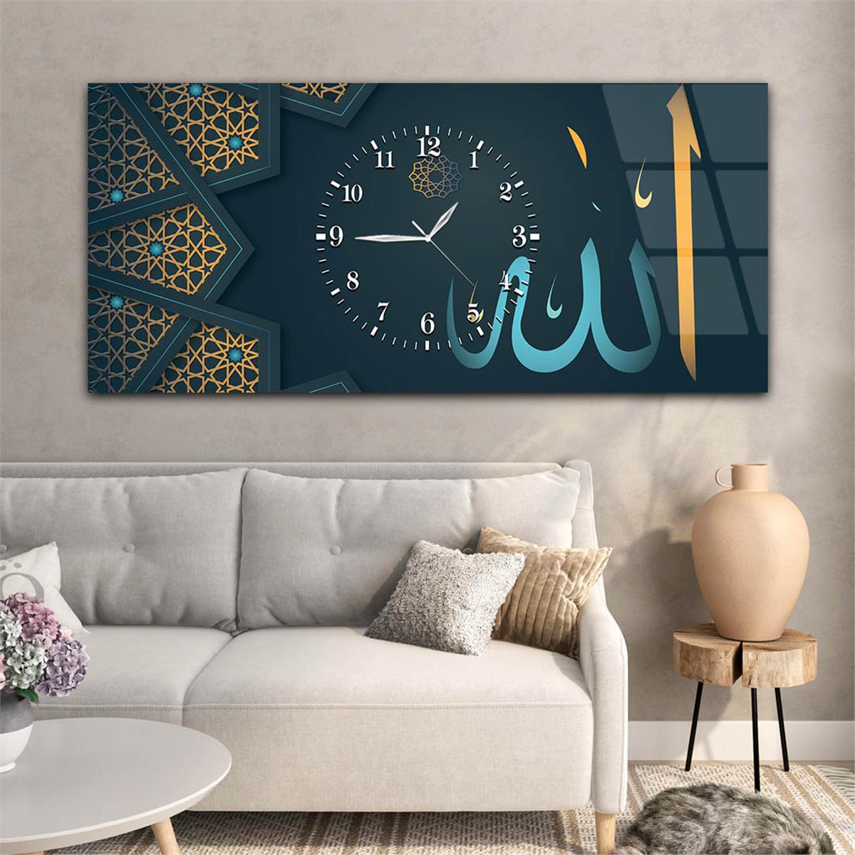 Horizontaal, in Het Midden Voorzien Van Een Klok, Religieus Thema Gehard Glasschilderij 013