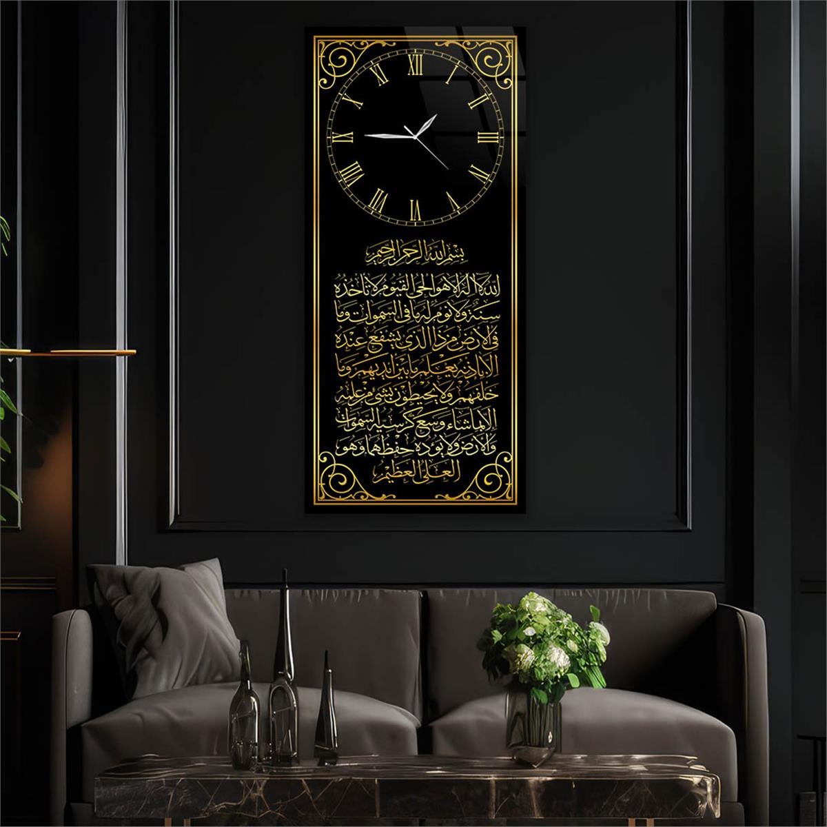 Vertical Religious Themed Glass Wall Art with Clock at the Top  005