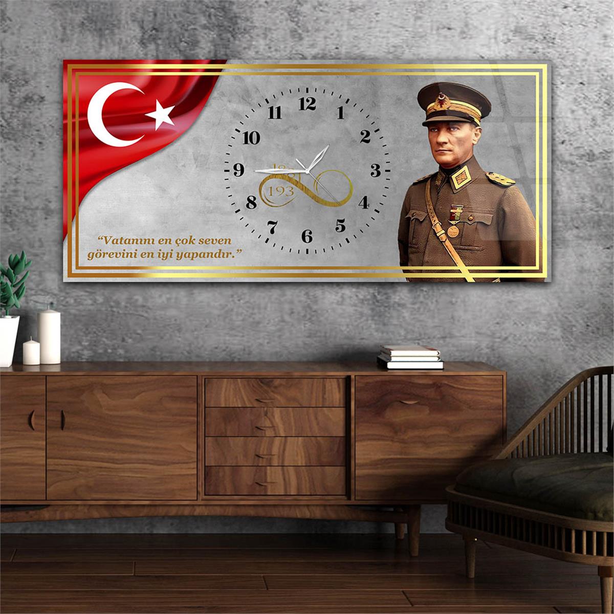 Yatay Saatli Ortadan Vatan Temalı Cam Tablo 143