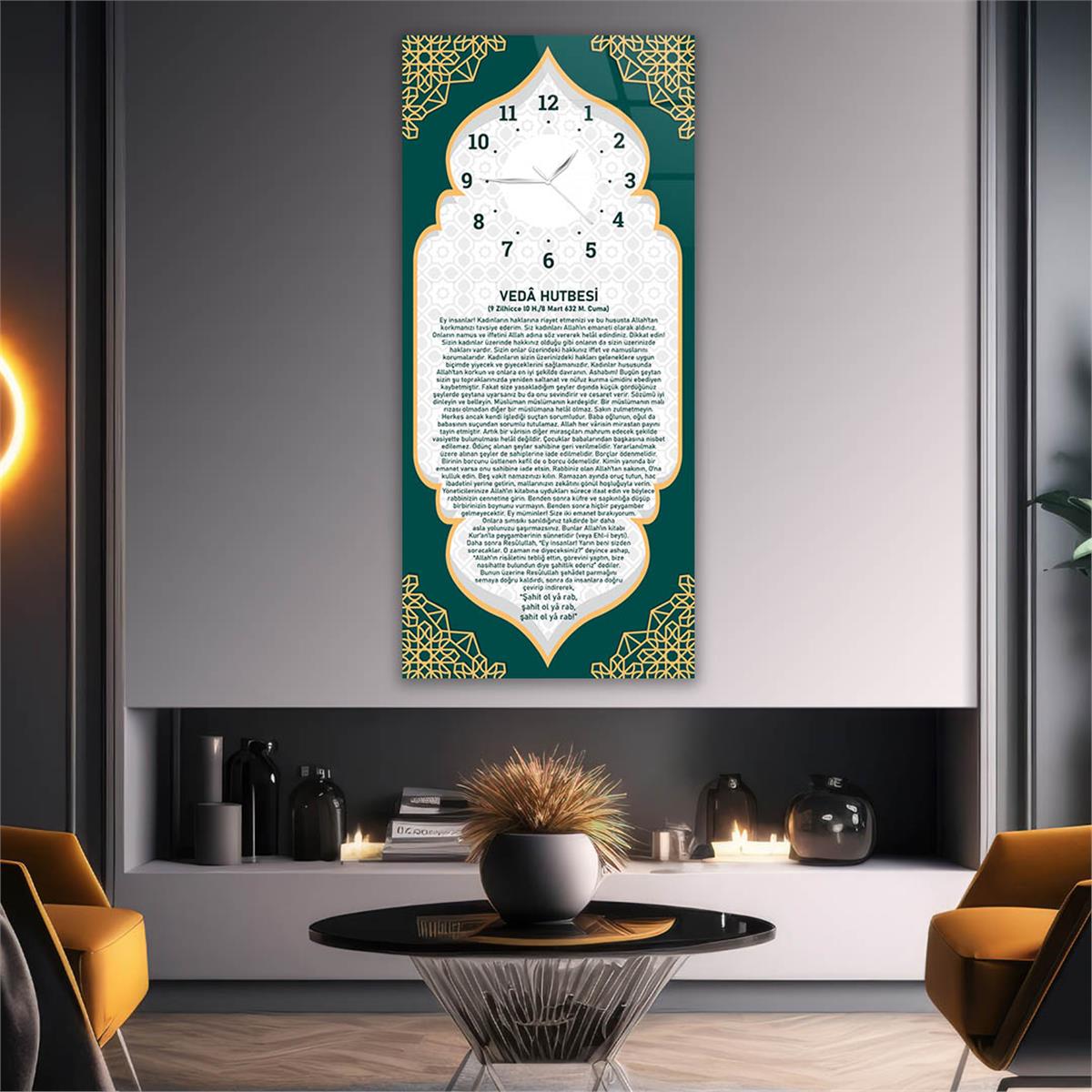 Vertical Religious Themed Glass Wall Art with Clock at the Top  054
