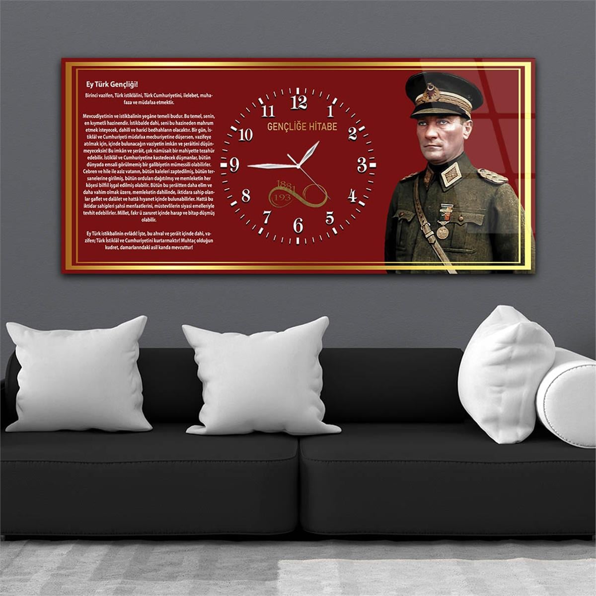 Mustafa Kemal Atatürk ve Gençliğe Hitabe Yatay Ortadan Saatli  Vatan Temalı Cam Tablo 037