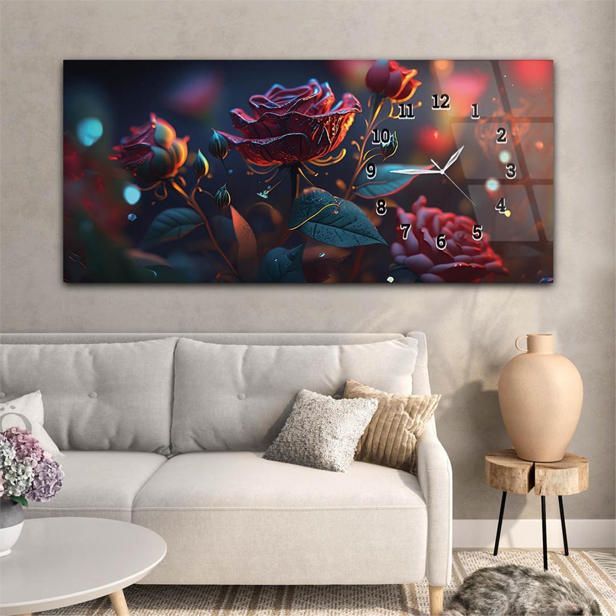 Yatay Saatli Yandan Sanat ve Doğa Temalı Cam Tablo 195