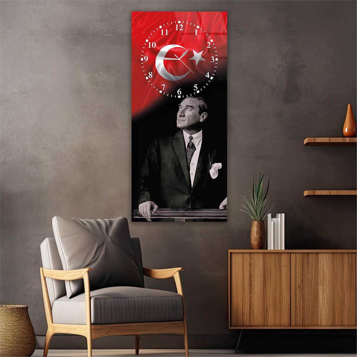 Vertical National Themed Glass Wall Art with Clock at the Top 007