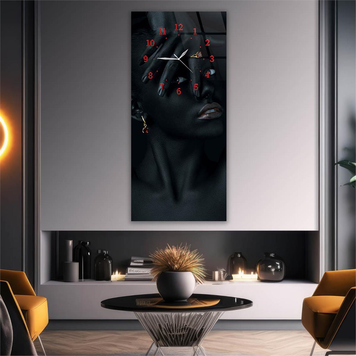 Dikey Üstten Saatli Sanat Temalı Cam Tablo 078