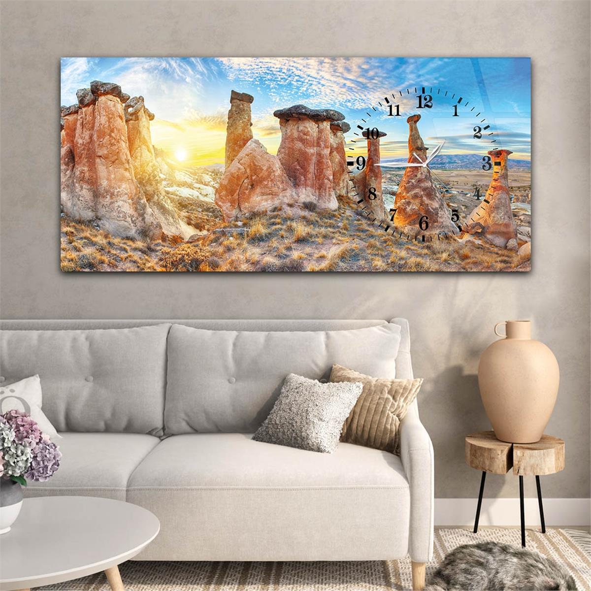 Yatay Saatli Yandan Sanat ve Doğa Temalı Cam Tablo 022