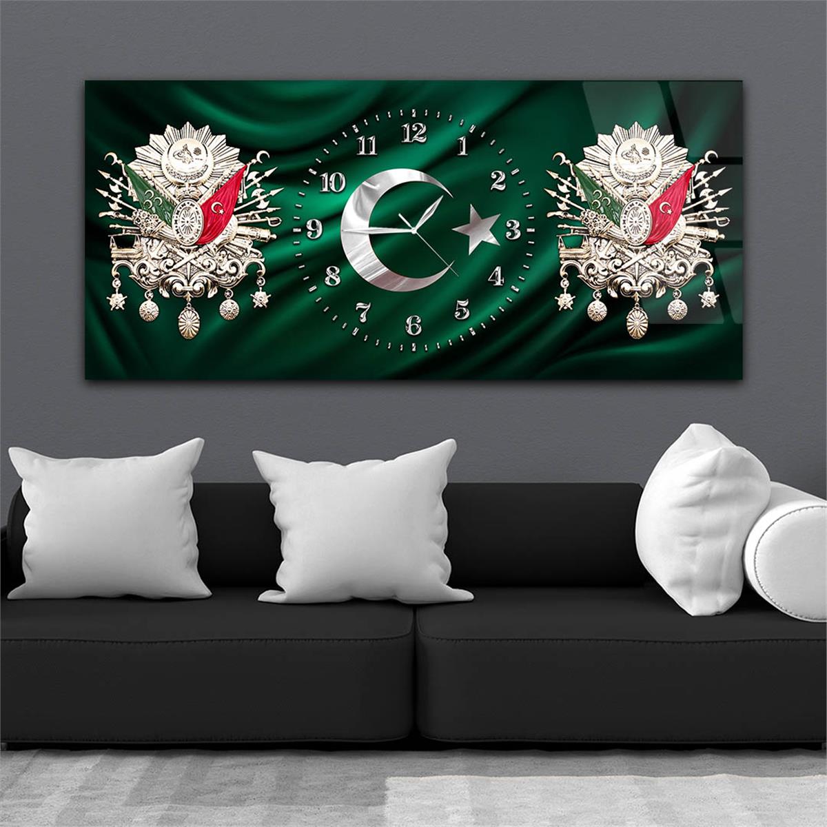 Yatay Saatli Ortadan Vatan Temalı Cam Tablo 149