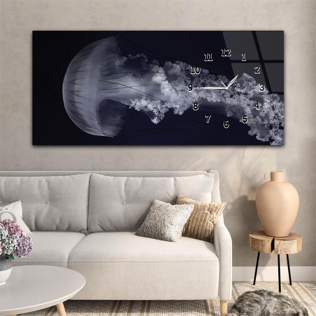 Yatay Saatli Yandan Sanat ve Doğa Temalı Cam Tablo 220