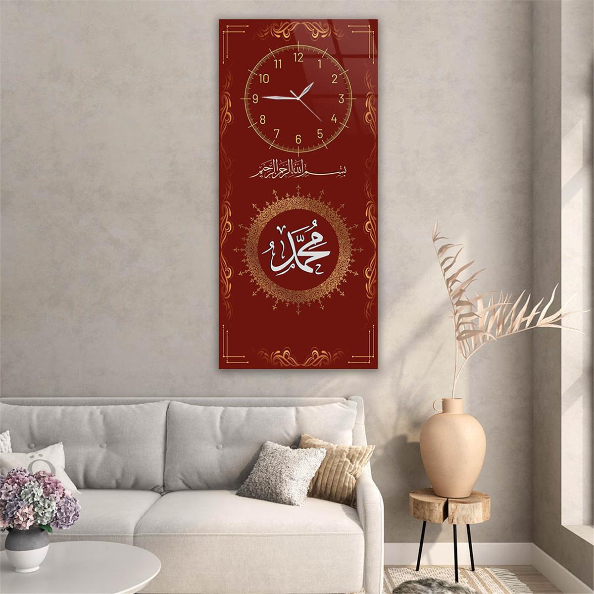 Dikey Üstten Saatli Dini Temalı Cam Tablo 039