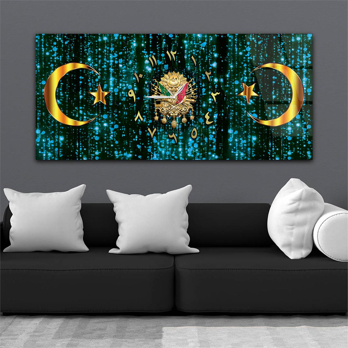 Mavi Zemin Üzerine Ayyıldız ve Osmanlı Tuğrası Saatli Cam Tablo 087