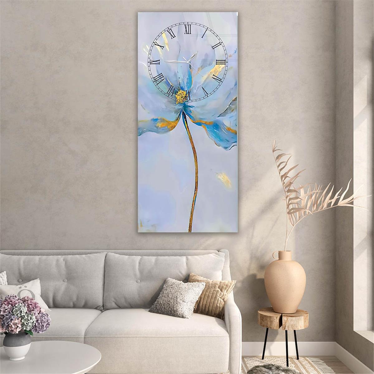 Dikey Üstten Saatli Sanat Temalı Cam Tablo 074