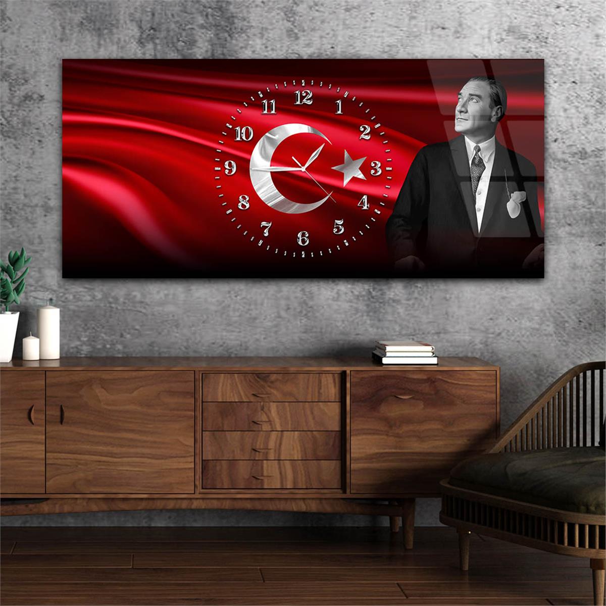 Yatay Saatli Ortadan Vatan Temalı Cam Tablo 167