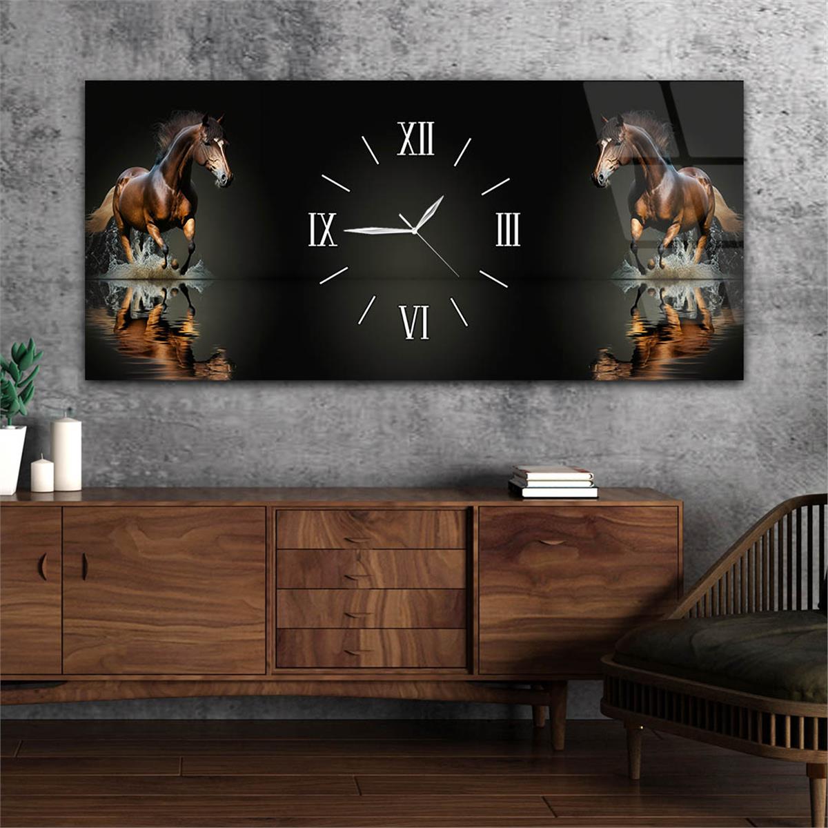 Yatay Ortadan Saatli  Sanat ve Doğa Temalı Cam Tablo 048