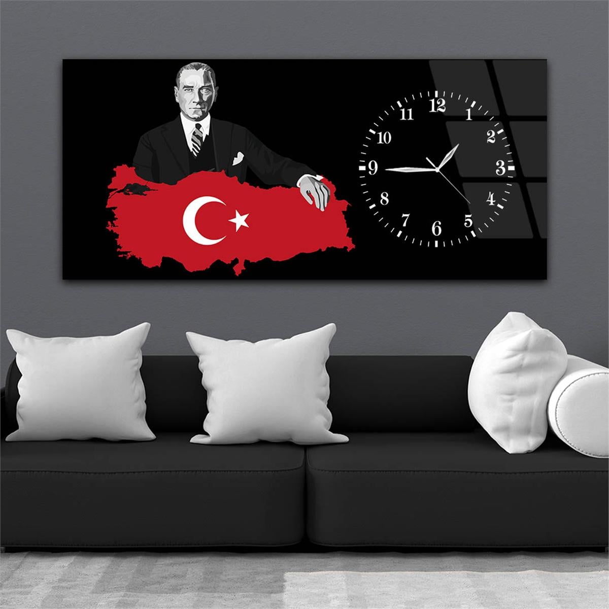 Yatay Saatli Yandan Vatan Temalı Cam Tablo 013