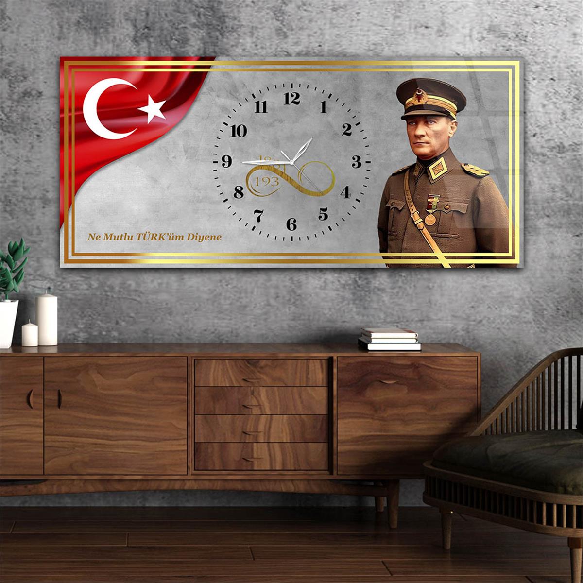 Yatay Saatli Ortadan Vatan Temalı Cam Tablo 142