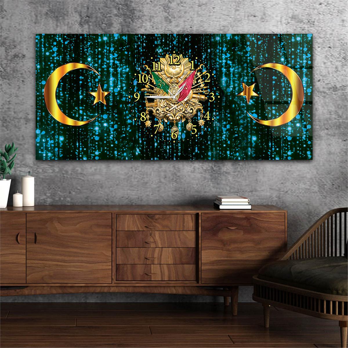 Mavi Zemin Üzerine Ayyıldız ve Osmanlı Tuğrası Saatli Cam Tablo 085