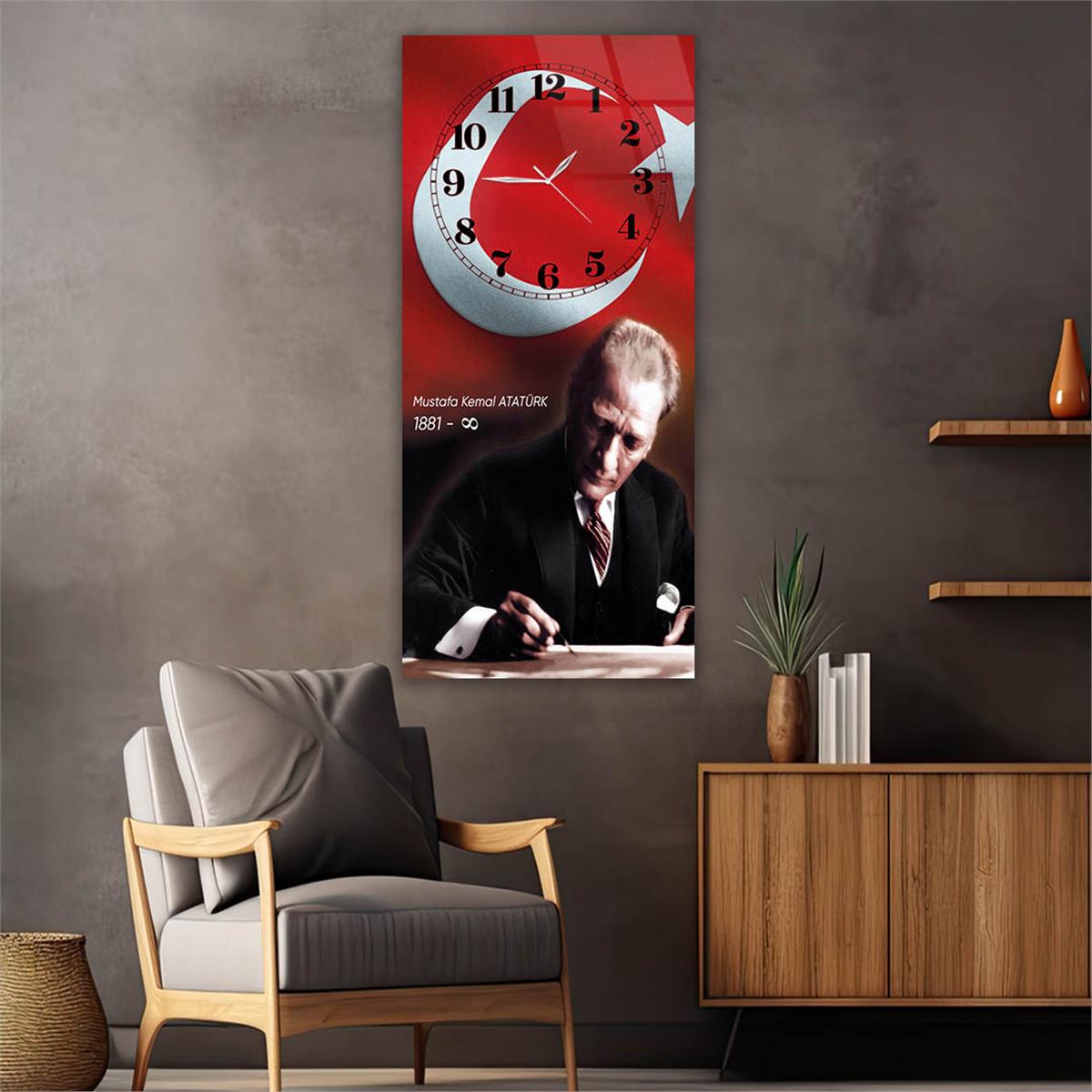 Dikey Üstten Saatli Vatan Temalı Cam Tablo 029